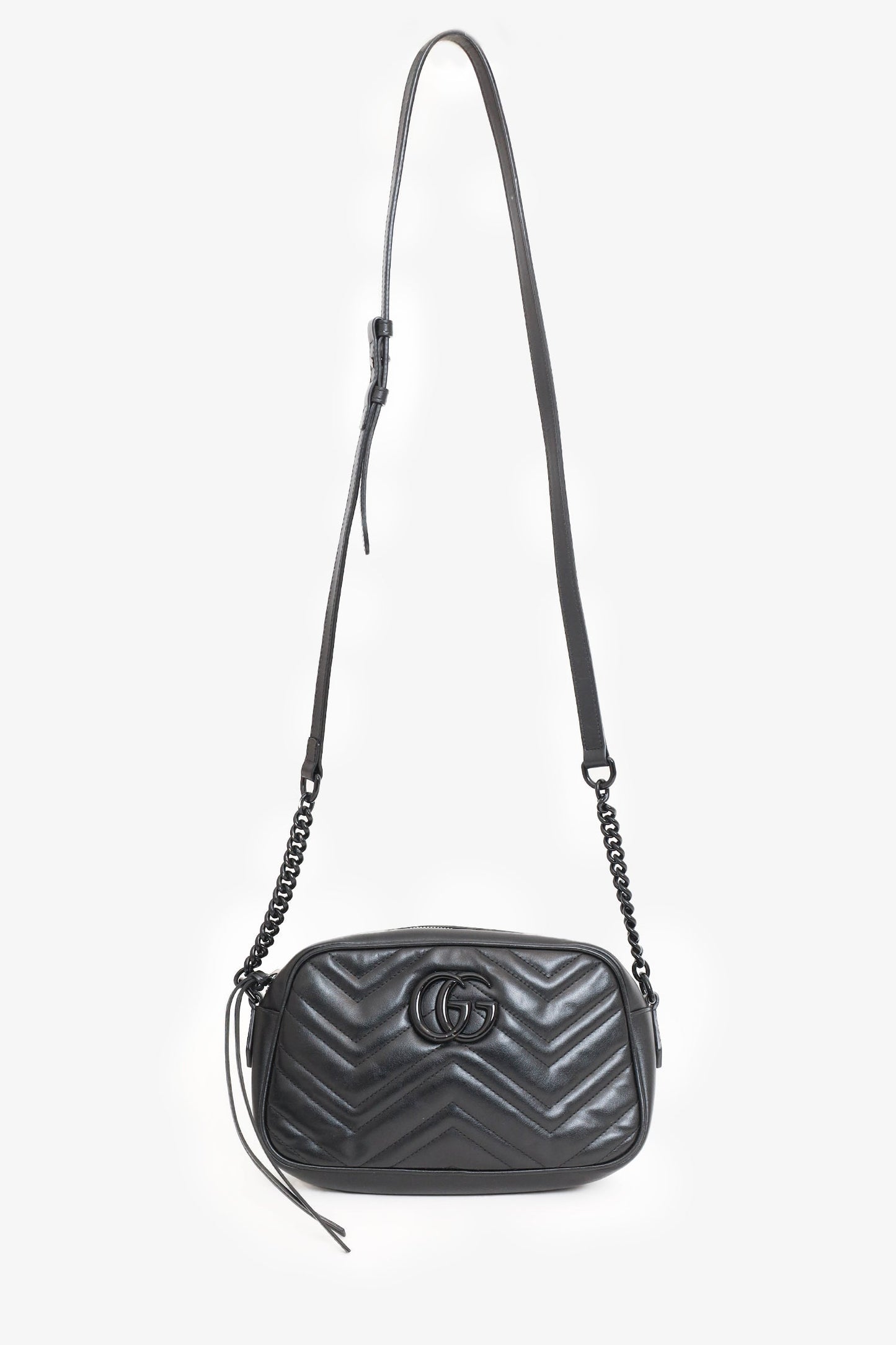 Gucci So Black Chevron Leather Marmont Small Camera Bag