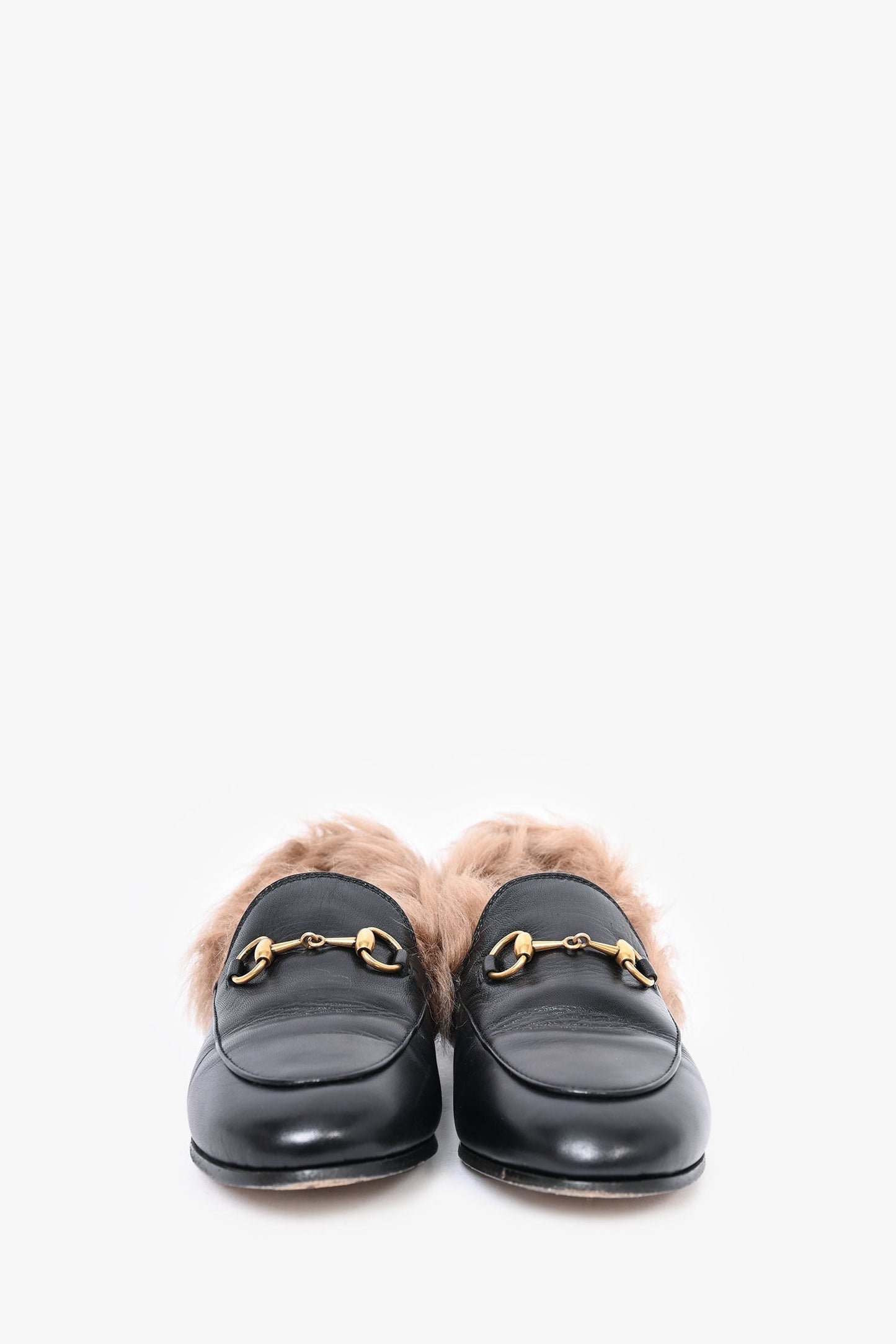 Gucci Black Leather Fur Slip On Princeton Mules Size 35