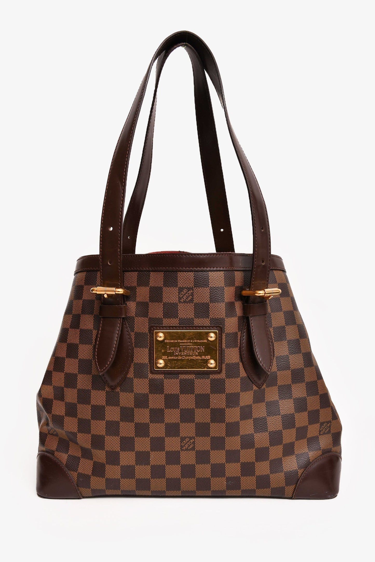 Louis Vuitton 2008 Brown Leather Damier Ebene Hampstead MM Tote (As Is)