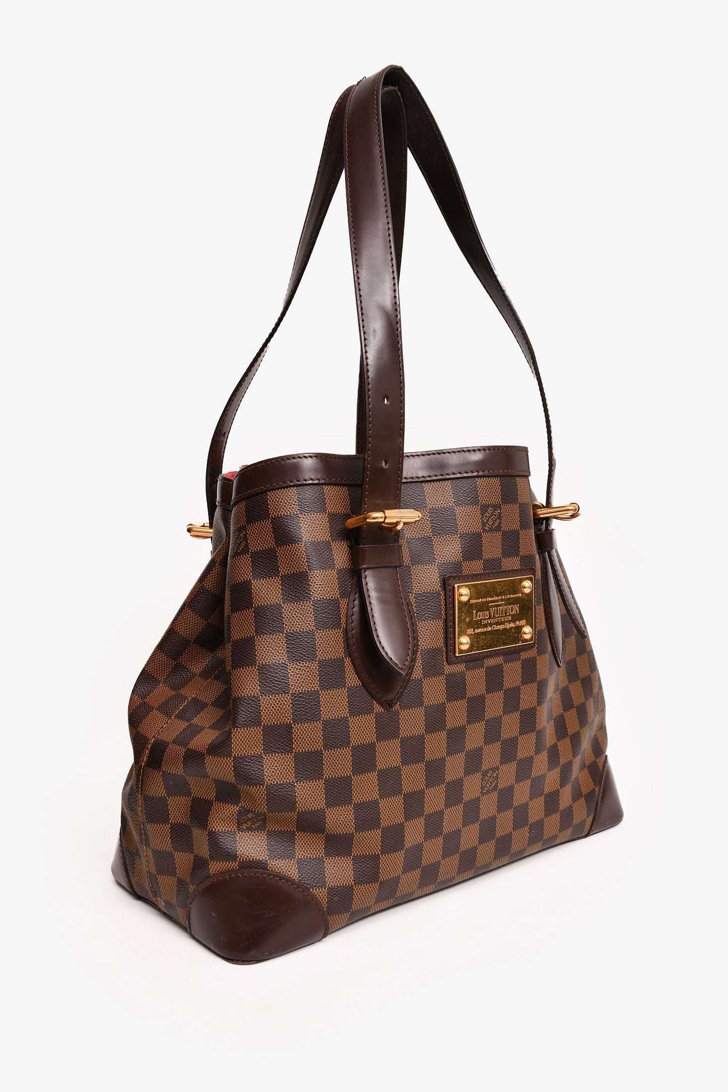 Louis Vuitton 2008 Brown Leather Damier Ebene Hampstead MM Tote (As Is)