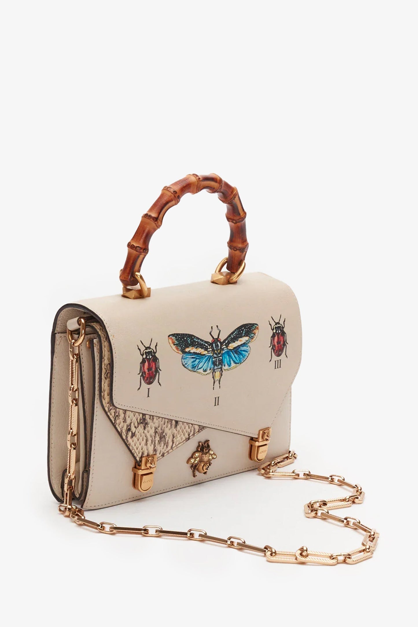 Gucci Cream Leather Insect Bamboo Ottilia Top Handle Bag