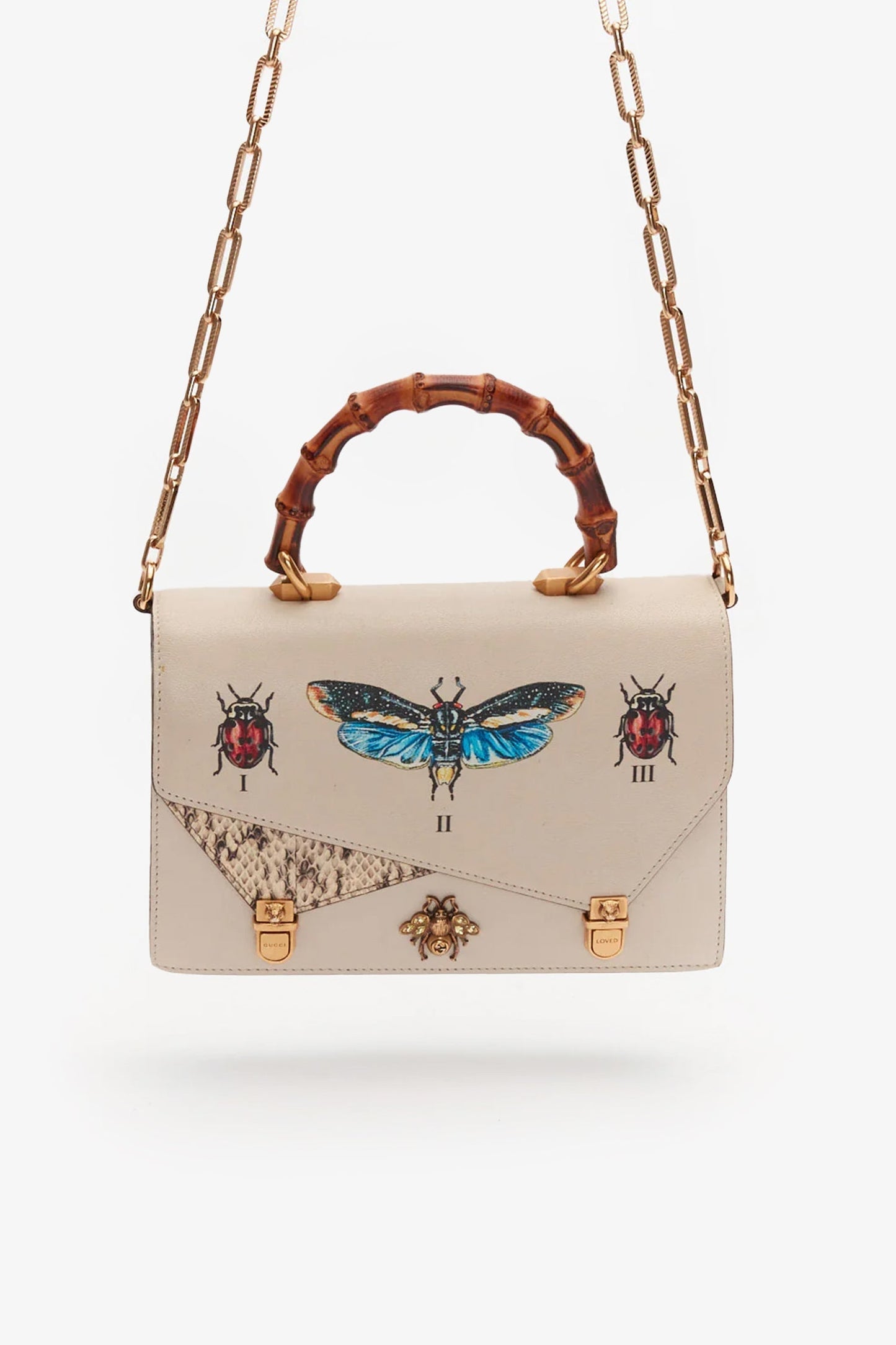 Gucci Cream Leather Insect Bamboo Ottilia Top Handle Bag