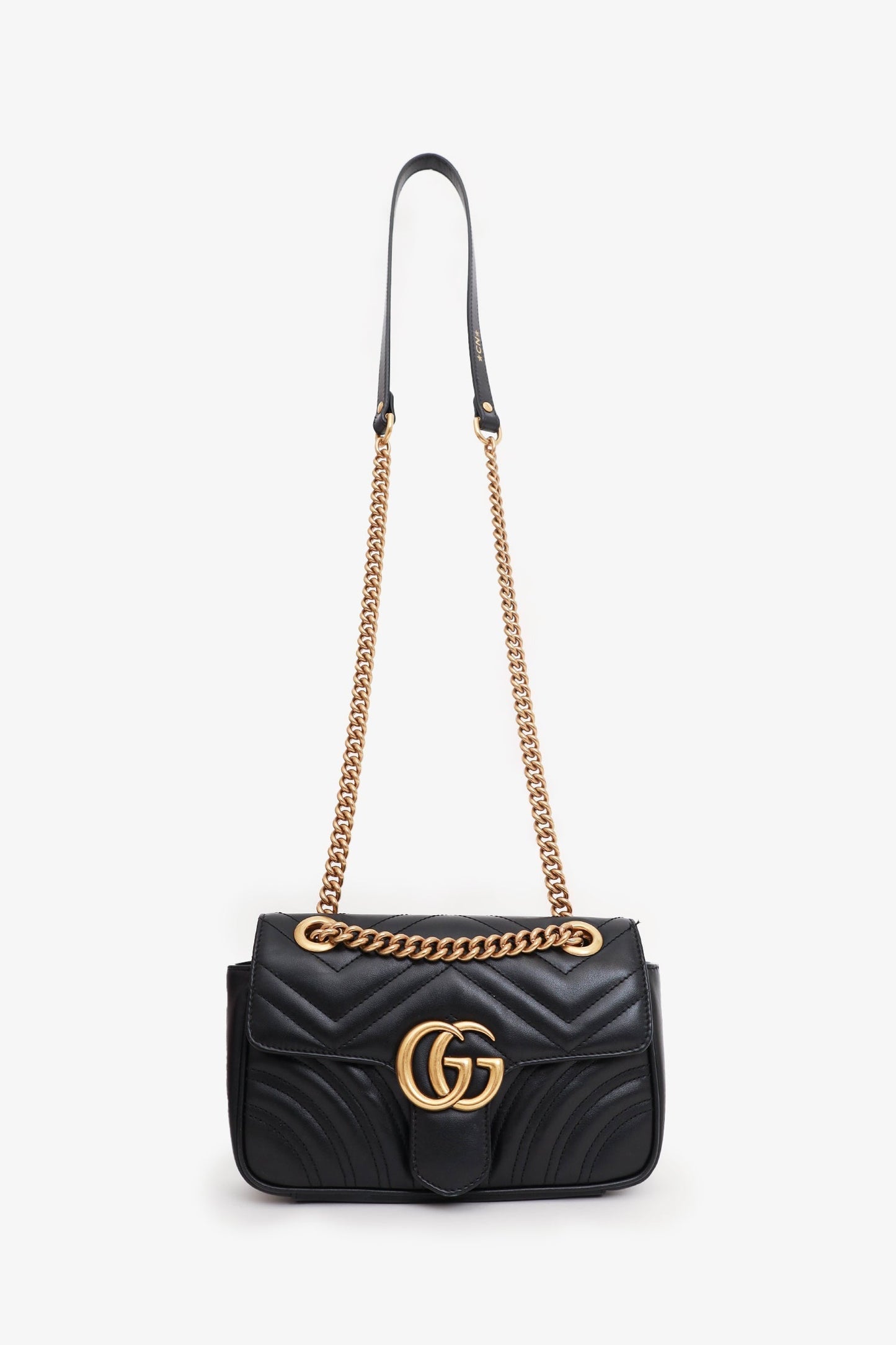 Gucci Black Leather Mini GG Marmont Shoulder Bag with 'CN' Initial