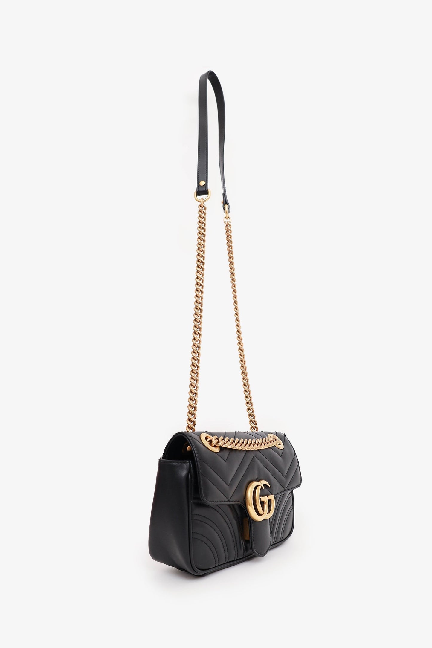 Gucci Black Leather Mini GG Marmont Shoulder Bag with 'CN' Initial