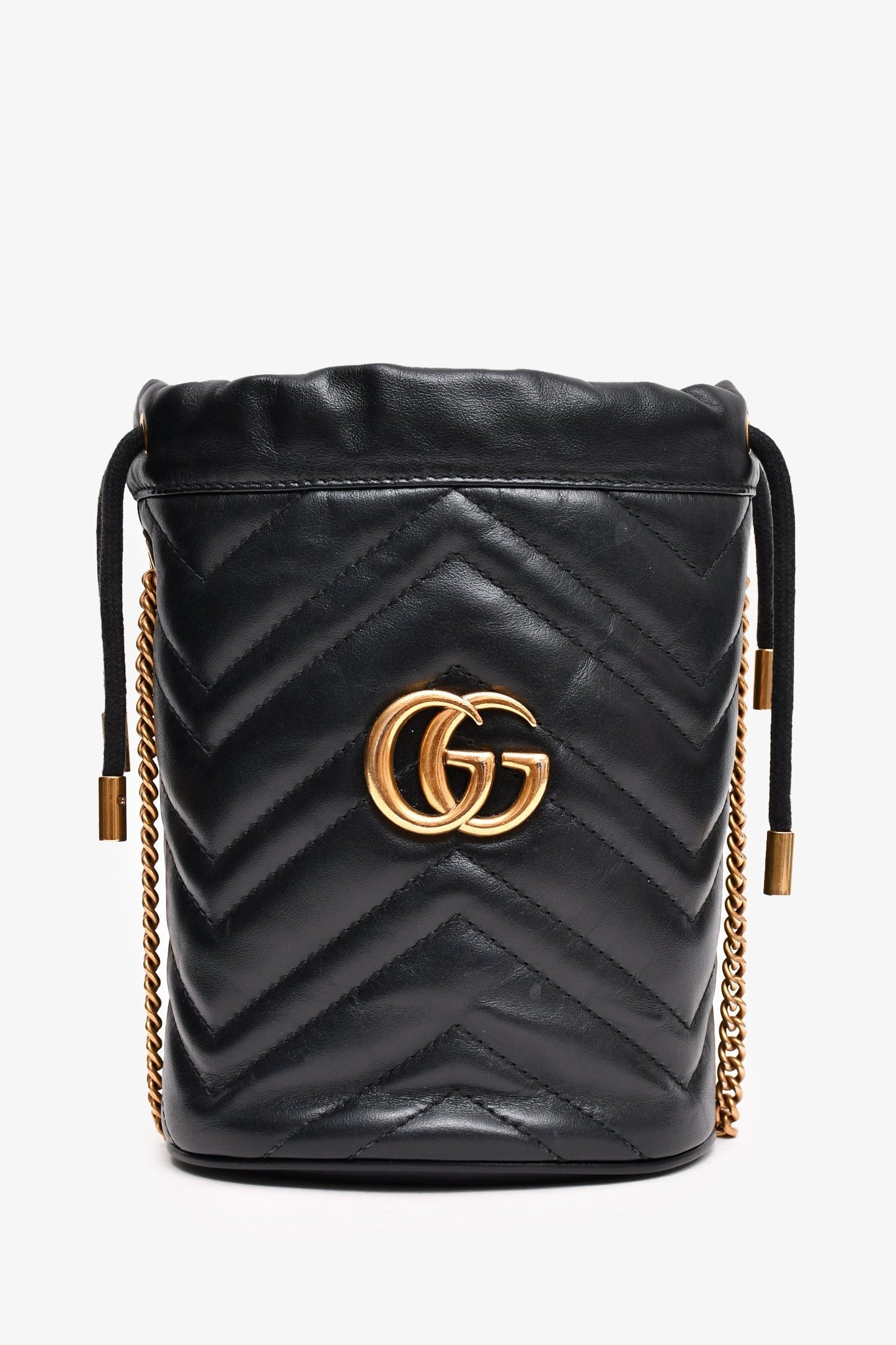 Gucci Black Leather Marmont Drawstring Mini Bucket Bag