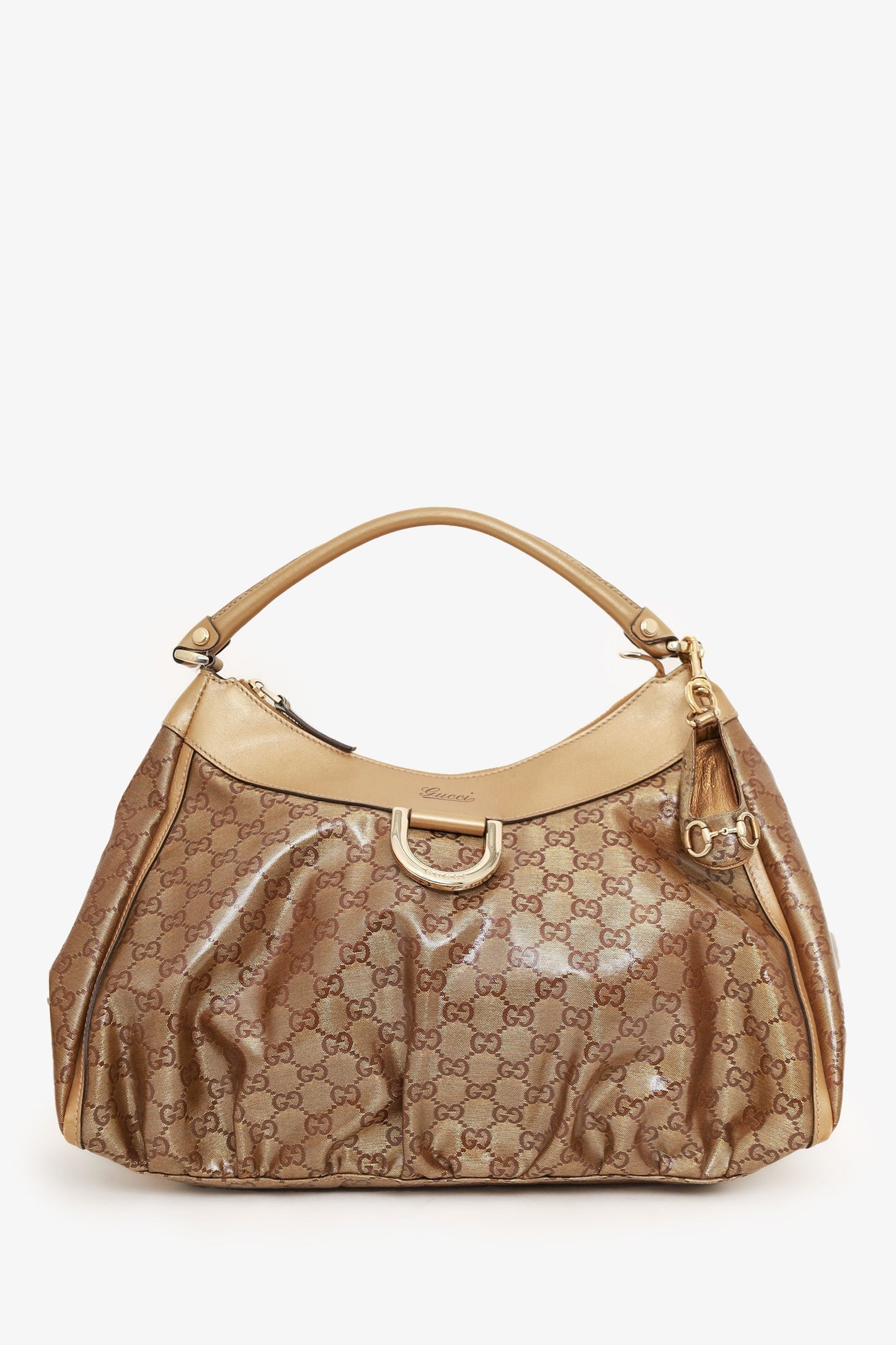 Gucci Brown GG Crystal Abbey D-Ring Shoulder Bag with Charm