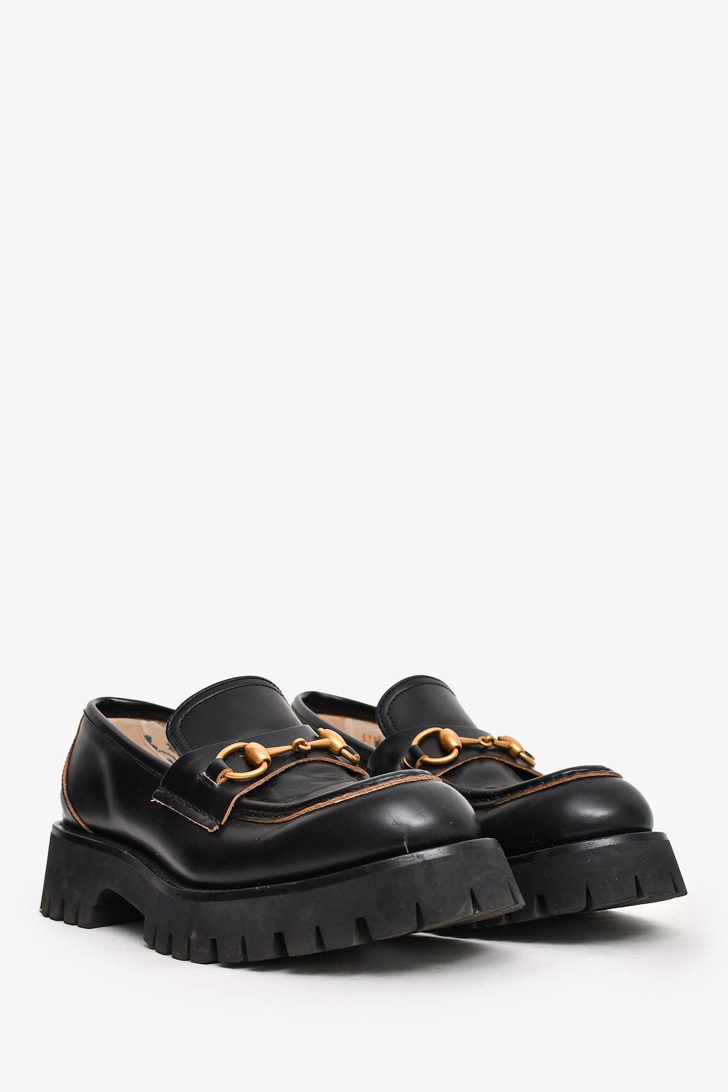 Gucci Black Brushed Leather Horsebit Lug Sole Loafers Size 38