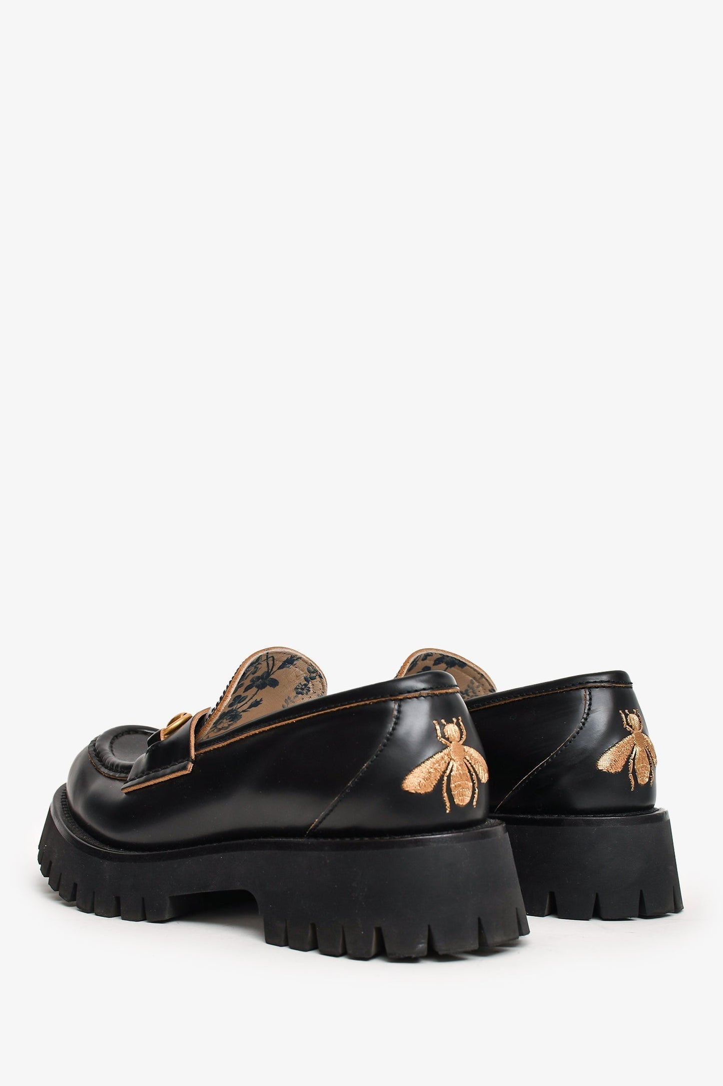 Gucci Black Brushed Leather Horsebit Lug Sole Loafers Size 38
