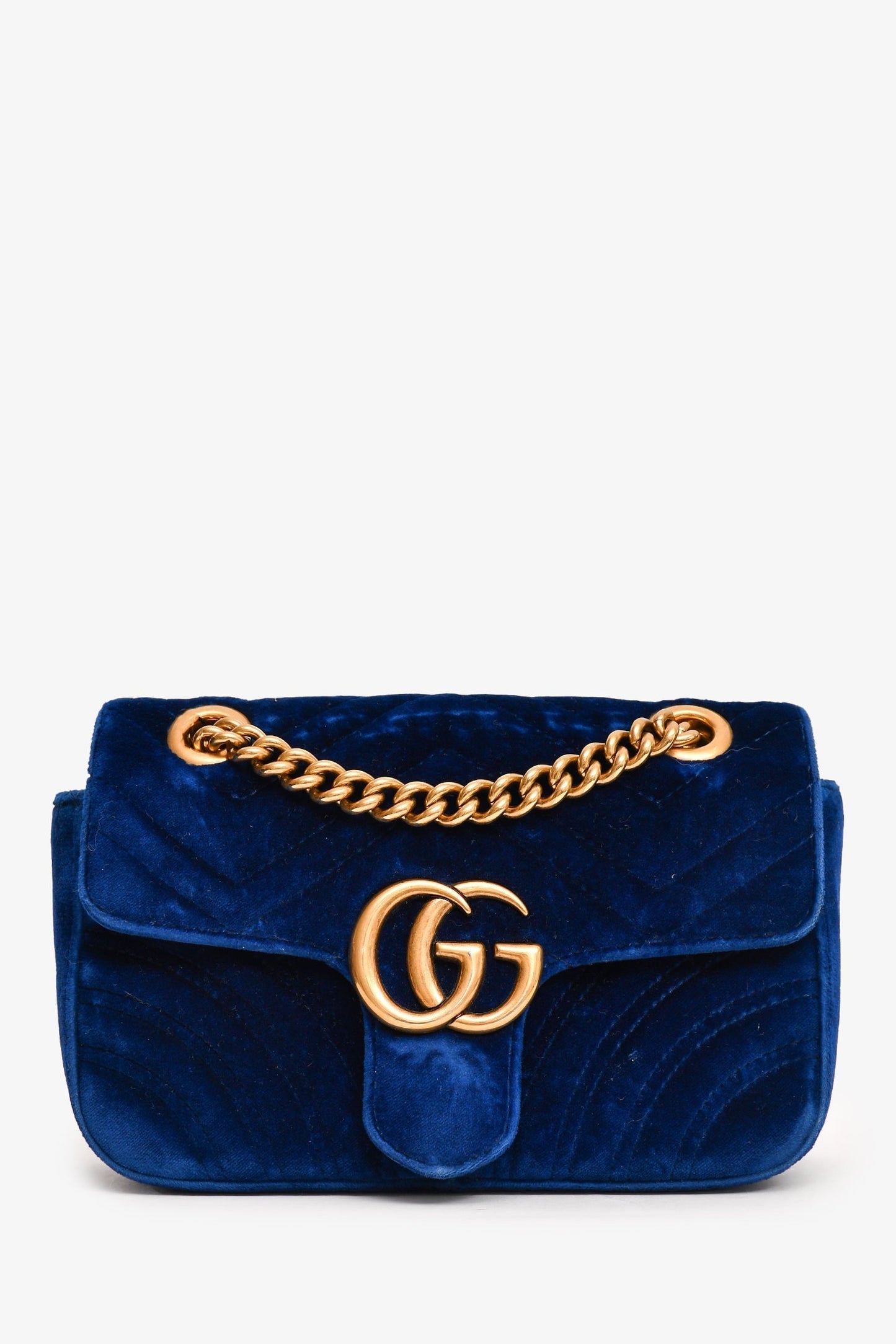 Gucci Blue Valvet Quilted GG Marmont Mini Shoulder Bag (As Is)