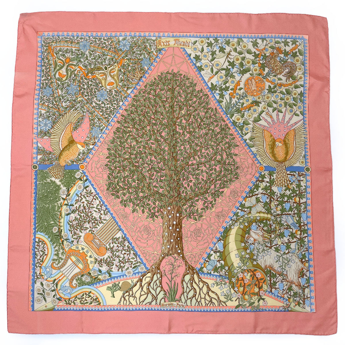 HERMES scarf Silk, 100% silk pink Axis Mundi The central axis of the world Carre 90