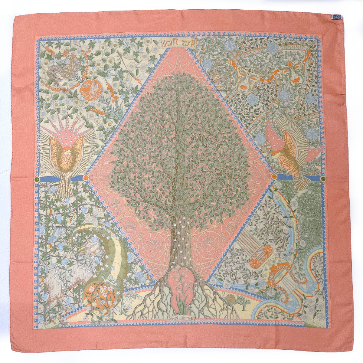 HERMES scarf Silk, 100% silk pink Axis Mundi The central axis of the world Carre 90