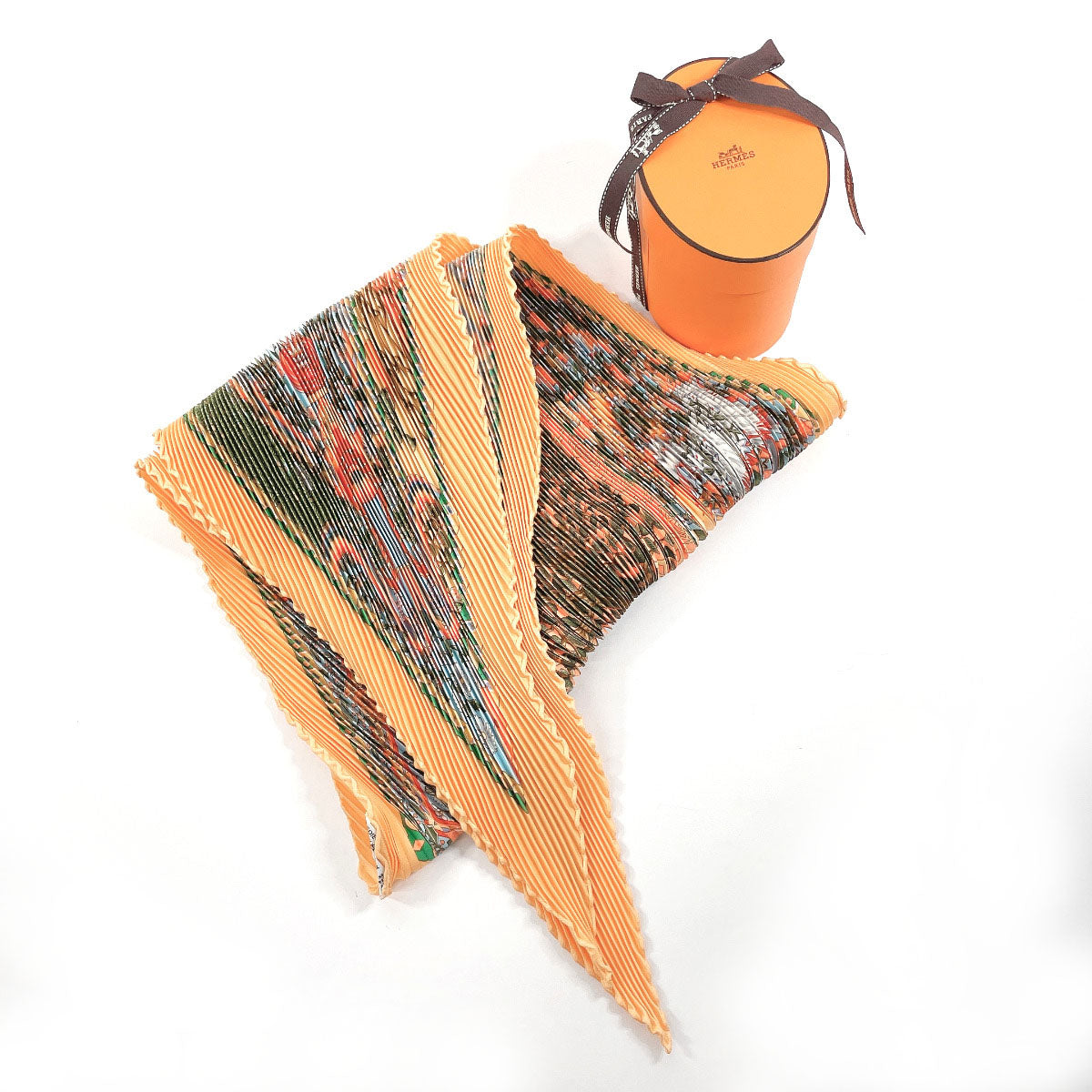 HERMES scarf Silk, 100% silk Orange Axis Mundi Pleated Carre