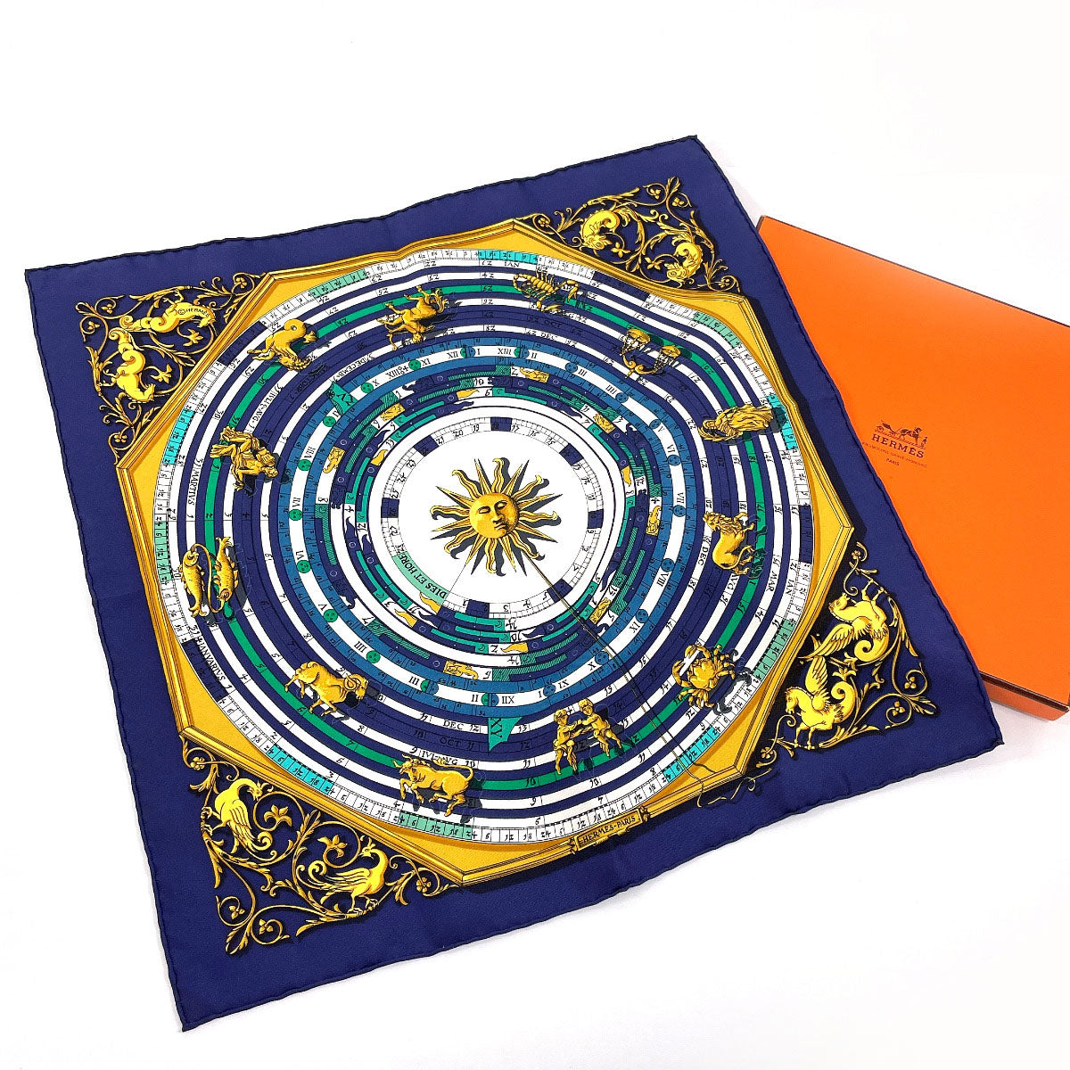 HERMES scarf Silk, 100% silk Navy Carre 45 DIES ET HORE Astrology Women Used