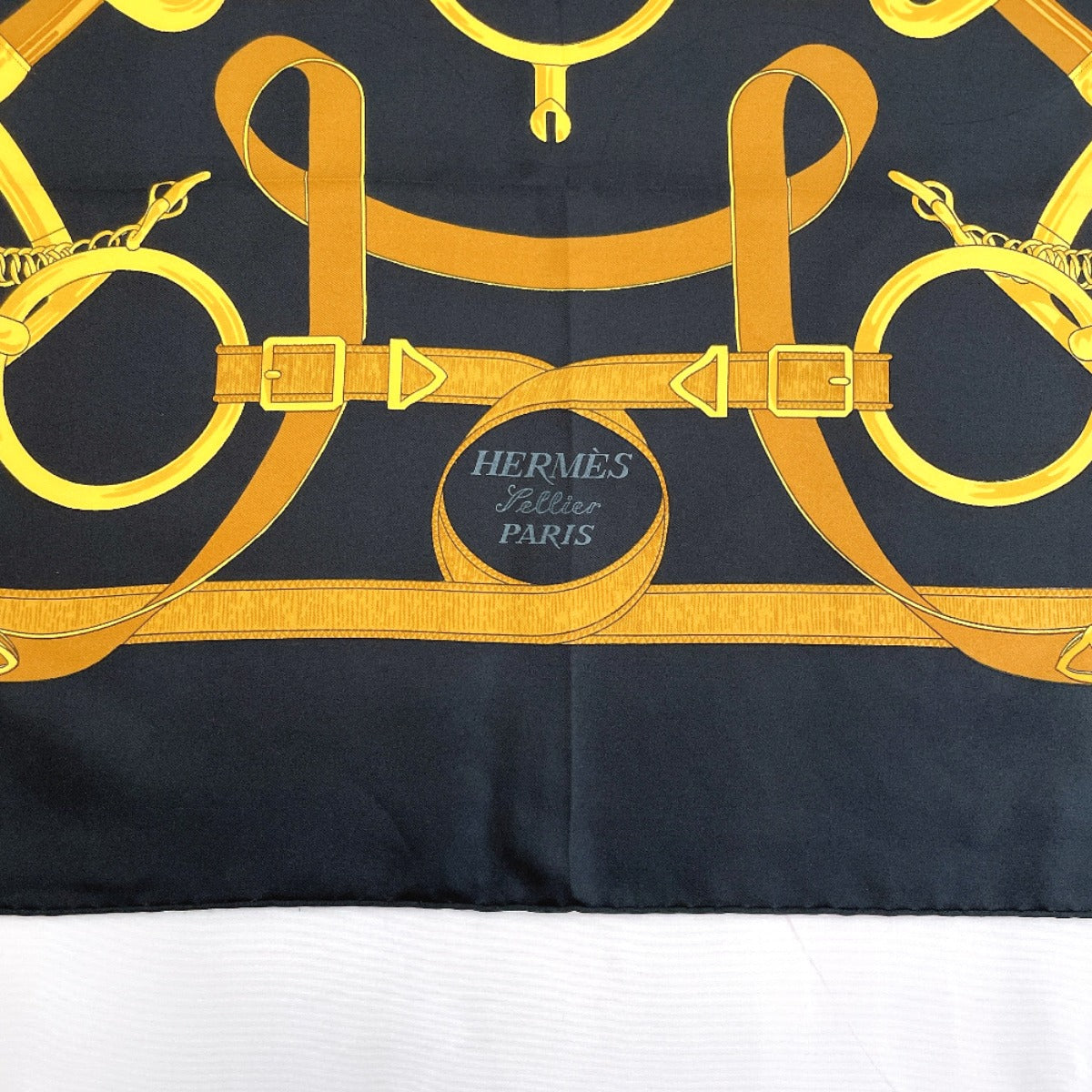 HERMES scarf Silk, 100% silk black Eperon dor Golden Spur Carre 90