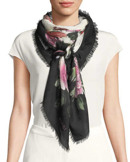 Gucci Rising Flower Silk Scarf in White