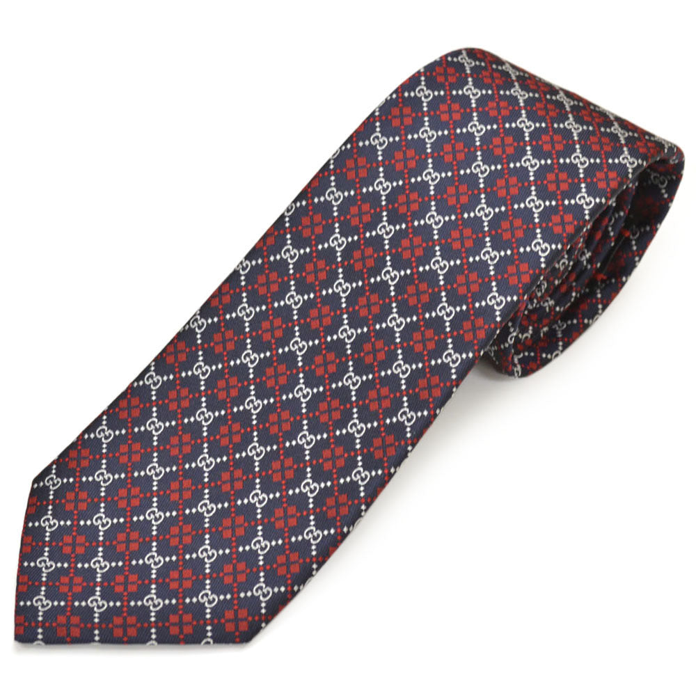 Gucci Navy Silk Tie with Red Diamonds and Interlocking GG