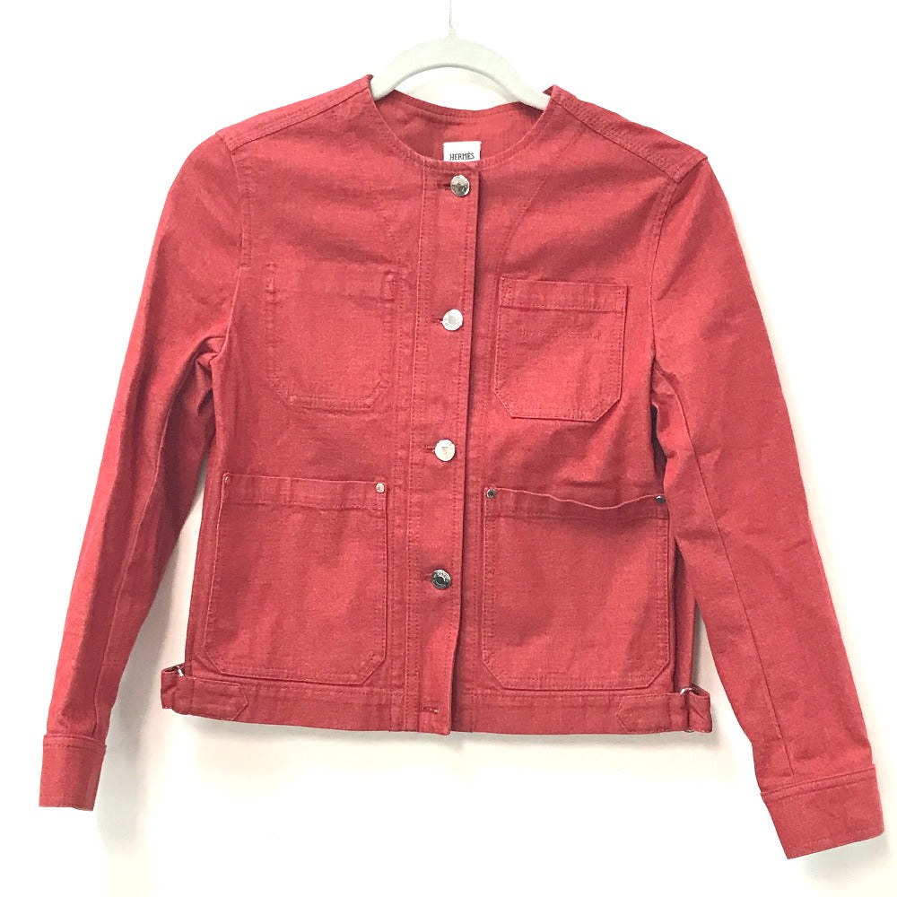 HERMES Denim Jacket Cotton, Elastane Red Serie button Long sleeve Women 36 Used
