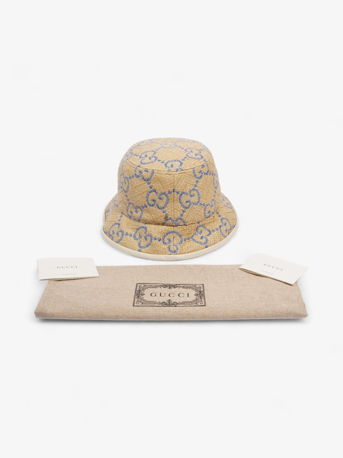Gucci GG Raffia Effect Bucket Hat Natural / Blue Polyamide Large
