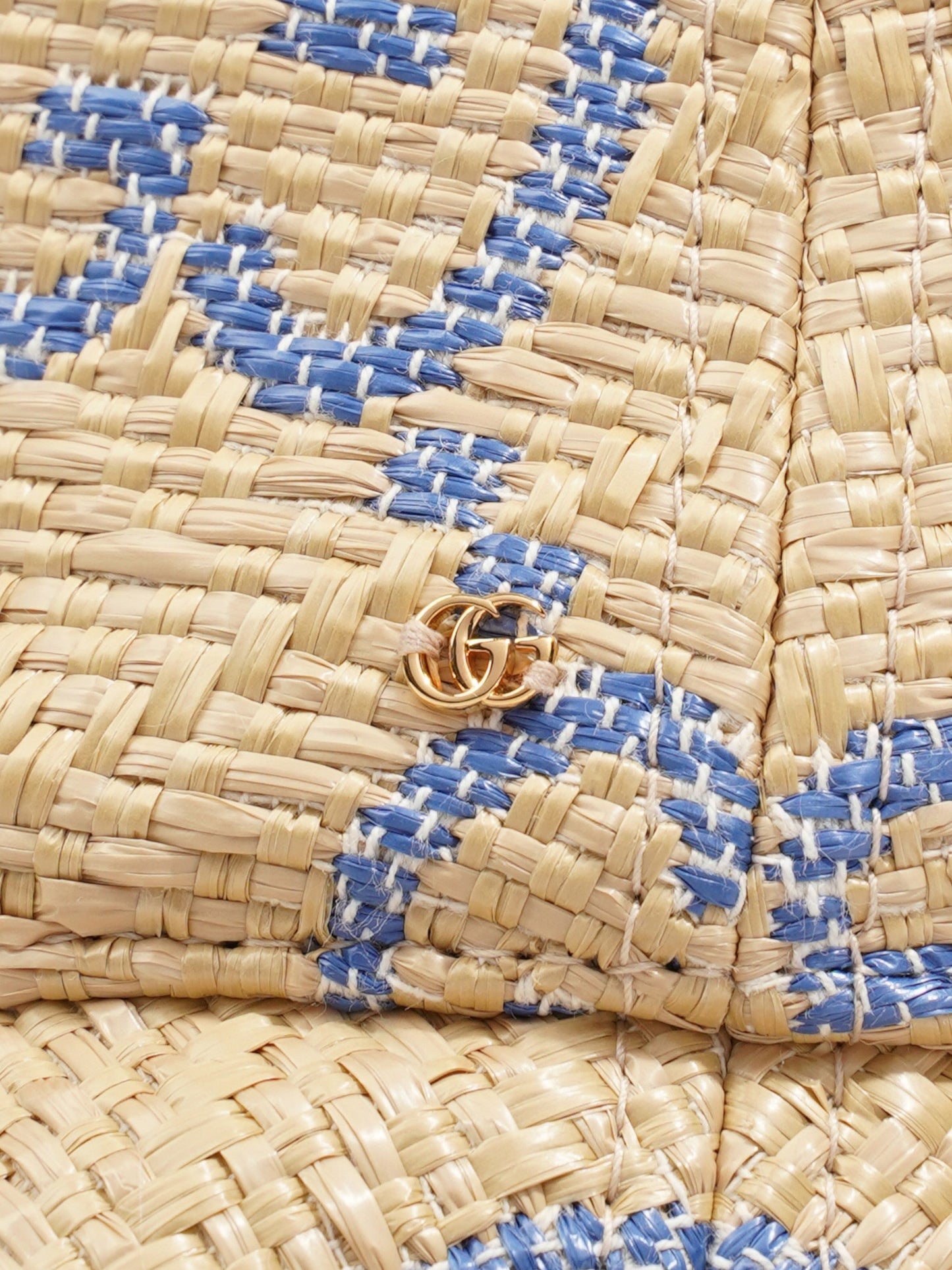 Gucci GG Raffia Effect Bucket Hat Natural / Blue Polyamide Large