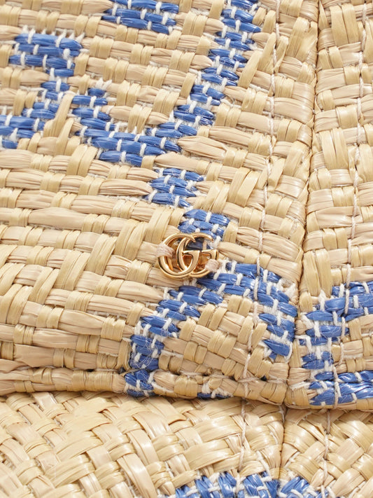 Gucci GG Raffia Effect Bucket Hat Natural / Blue Polyamide Large