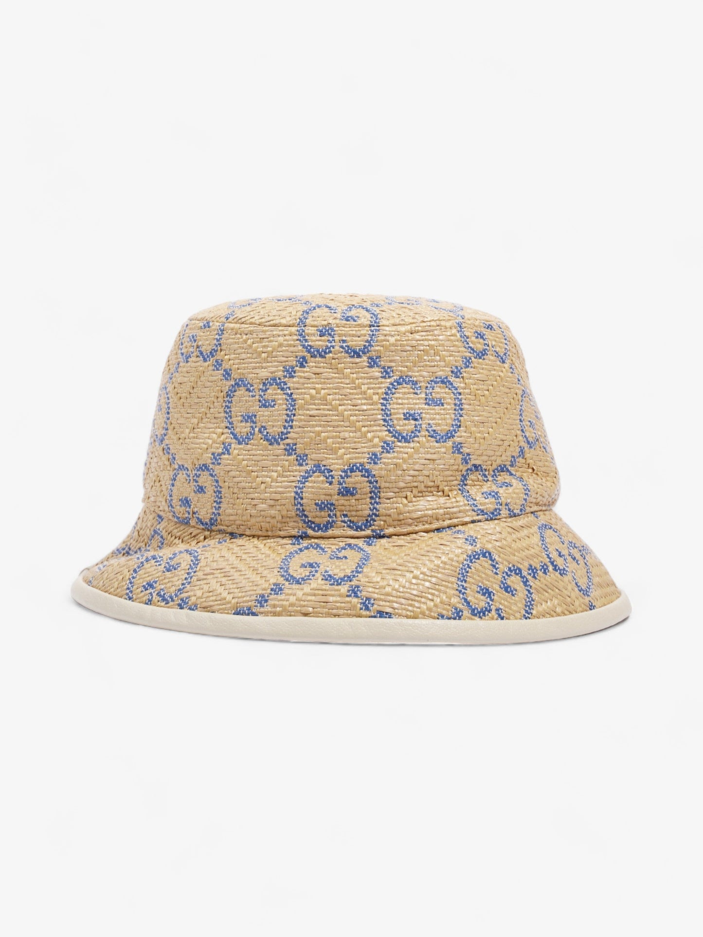 Gucci GG Raffia Effect Bucket Hat Natural / Blue Polyamide Large
