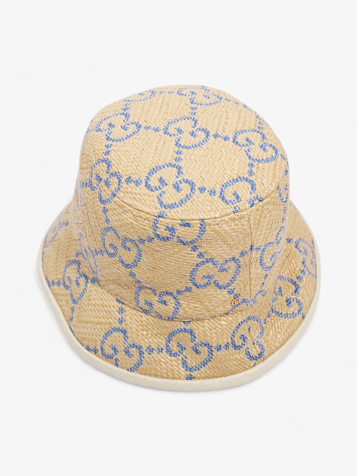 Gucci GG Raffia Effect Bucket Hat Natural / Blue Polyamide Large