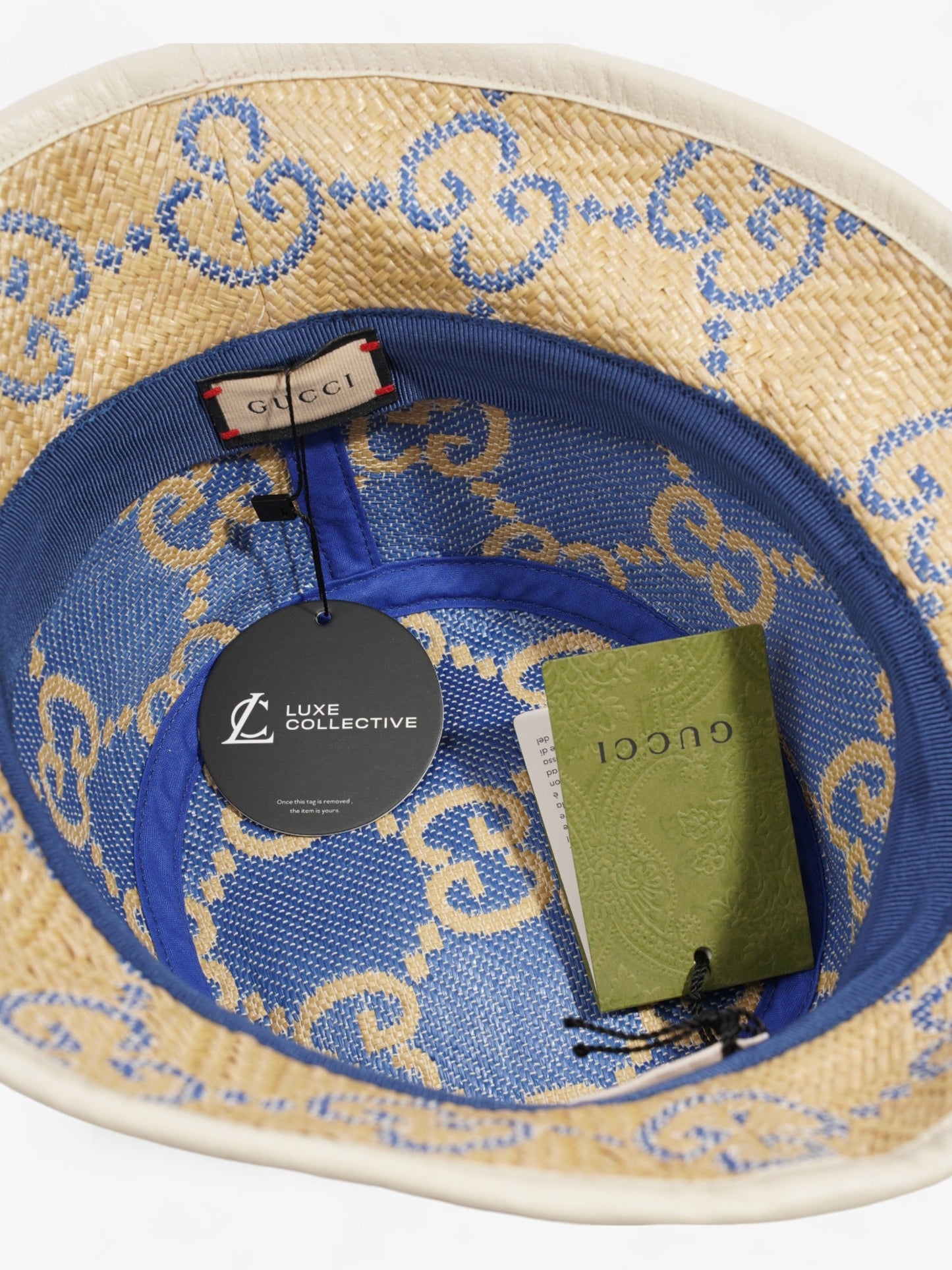 Gucci GG Raffia Effect Bucket Hat Natural / Blue Polyamide Large
