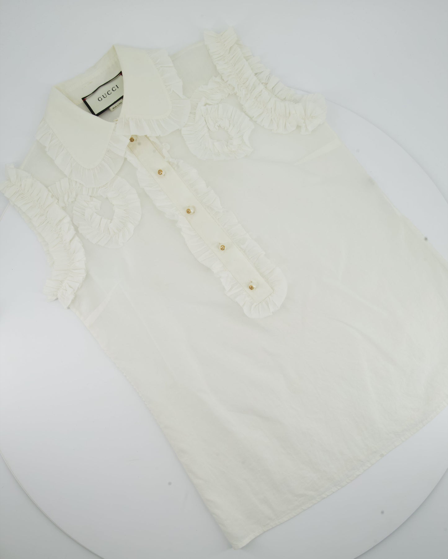 Gucci White Ruched Short Sleeve Blouse with Pearl GG Detailing IT 38 (UK 6)