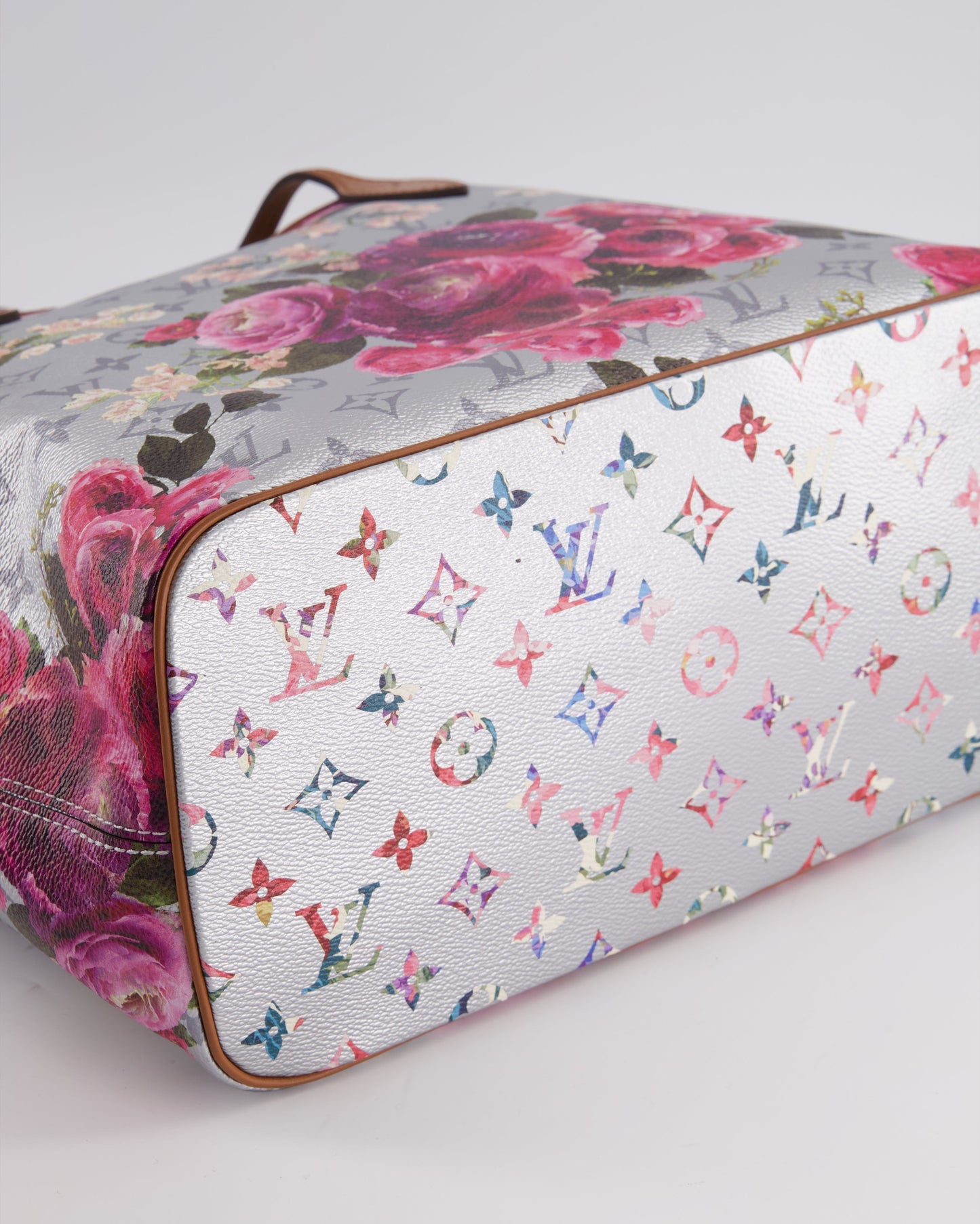 *LIMITED EDITION* Louis Vuitton Garden Capsule 2022 Neverfull MM Bag in Silver and Pink Floral Monogram Canvas with Brown Leather and Gold Hardware