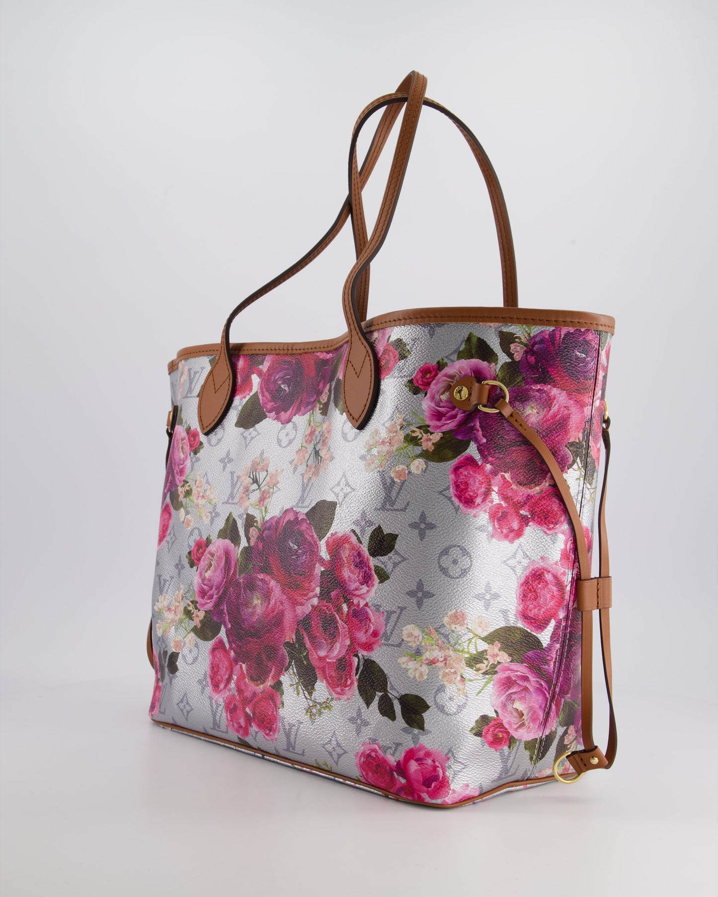 *LIMITED EDITION* Louis Vuitton Garden Capsule 2022 Neverfull MM Bag in Silver and Pink Floral Monogram Canvas with Brown Leather and Gold Hardware