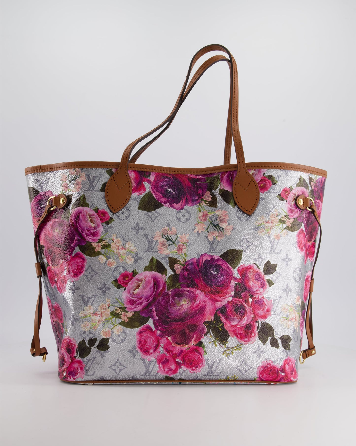 *LIMITED EDITION* Louis Vuitton Garden Capsule 2022 Neverfull MM Bag in Silver and Pink Floral Monogram Canvas with Brown Leather and Gold Hardware