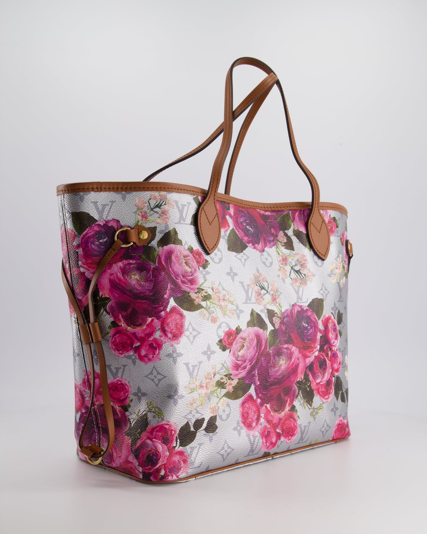 *LIMITED EDITION* Louis Vuitton Garden Capsule 2022 Neverfull MM Bag in Silver and Pink Floral Monogram Canvas with Brown Leather and Gold Hardware