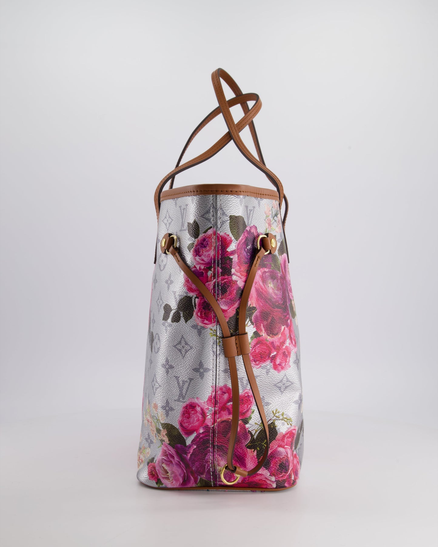 *LIMITED EDITION* Louis Vuitton Garden Capsule 2022 Neverfull MM Bag in Silver and Pink Floral Monogram Canvas with Brown Leather and Gold Hardware