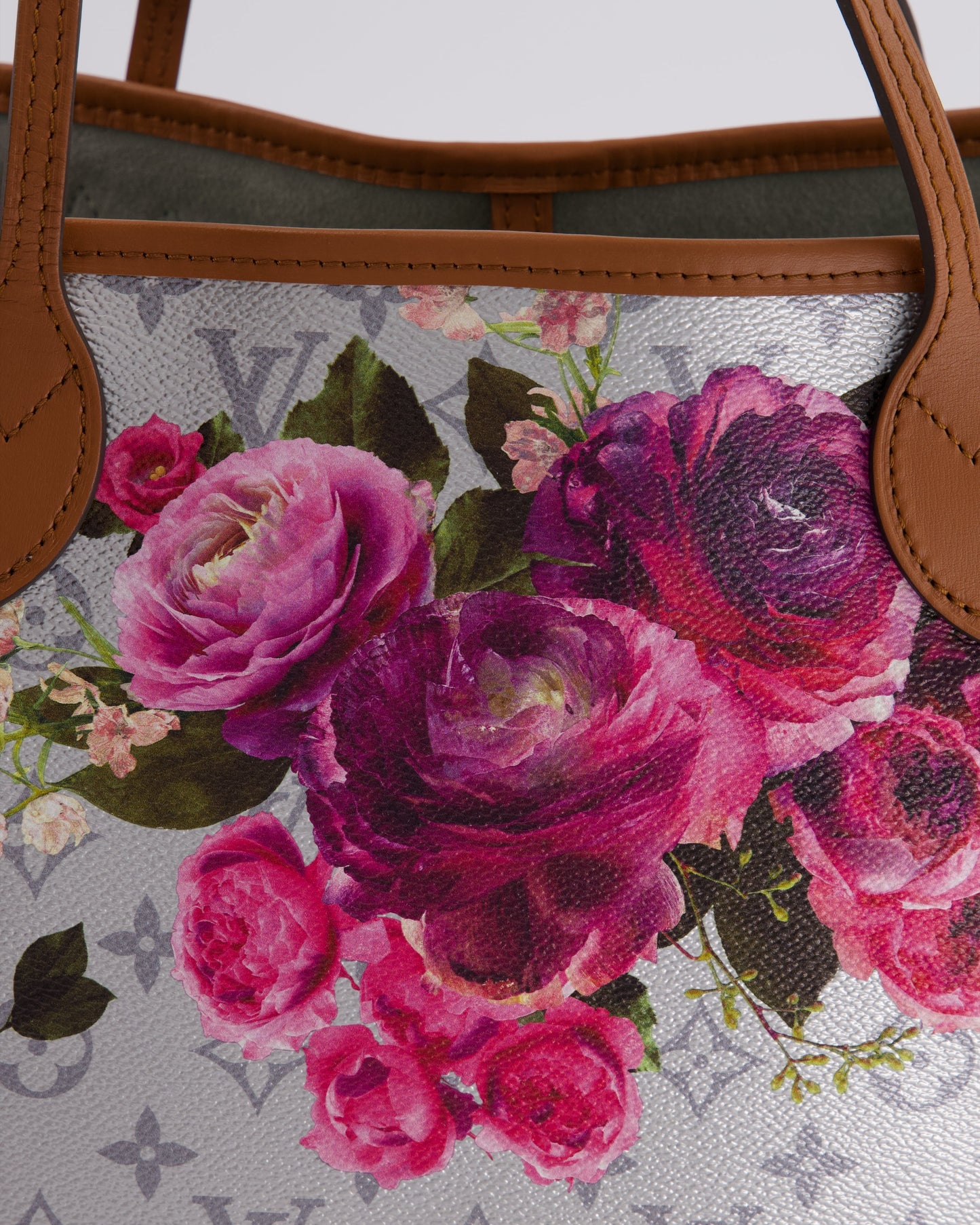 *LIMITED EDITION* Louis Vuitton Garden Capsule 2022 Neverfull MM Bag in Silver and Pink Floral Monogram Canvas with Brown Leather and Gold Hardware