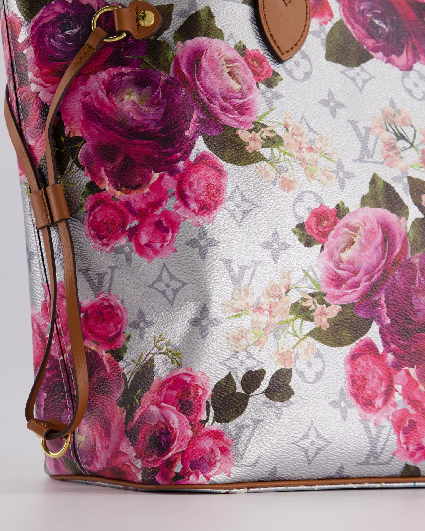 *LIMITED EDITION* Louis Vuitton Garden Capsule 2022 Neverfull MM Bag in Silver and Pink Floral Monogram Canvas with Brown Leather and Gold Hardware