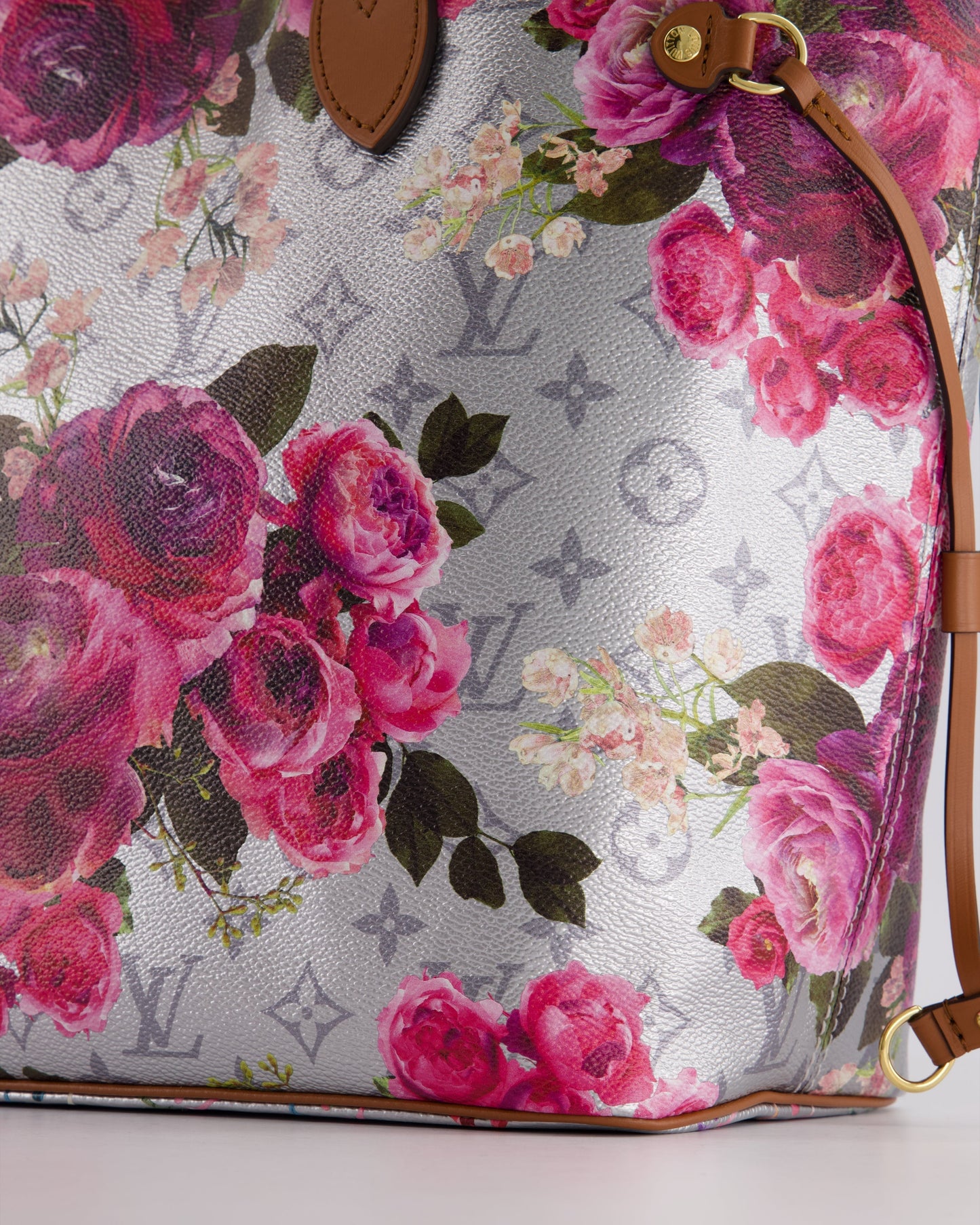 *LIMITED EDITION* Louis Vuitton Garden Capsule 2022 Neverfull MM Bag in Silver and Pink Floral Monogram Canvas with Brown Leather and Gold Hardware