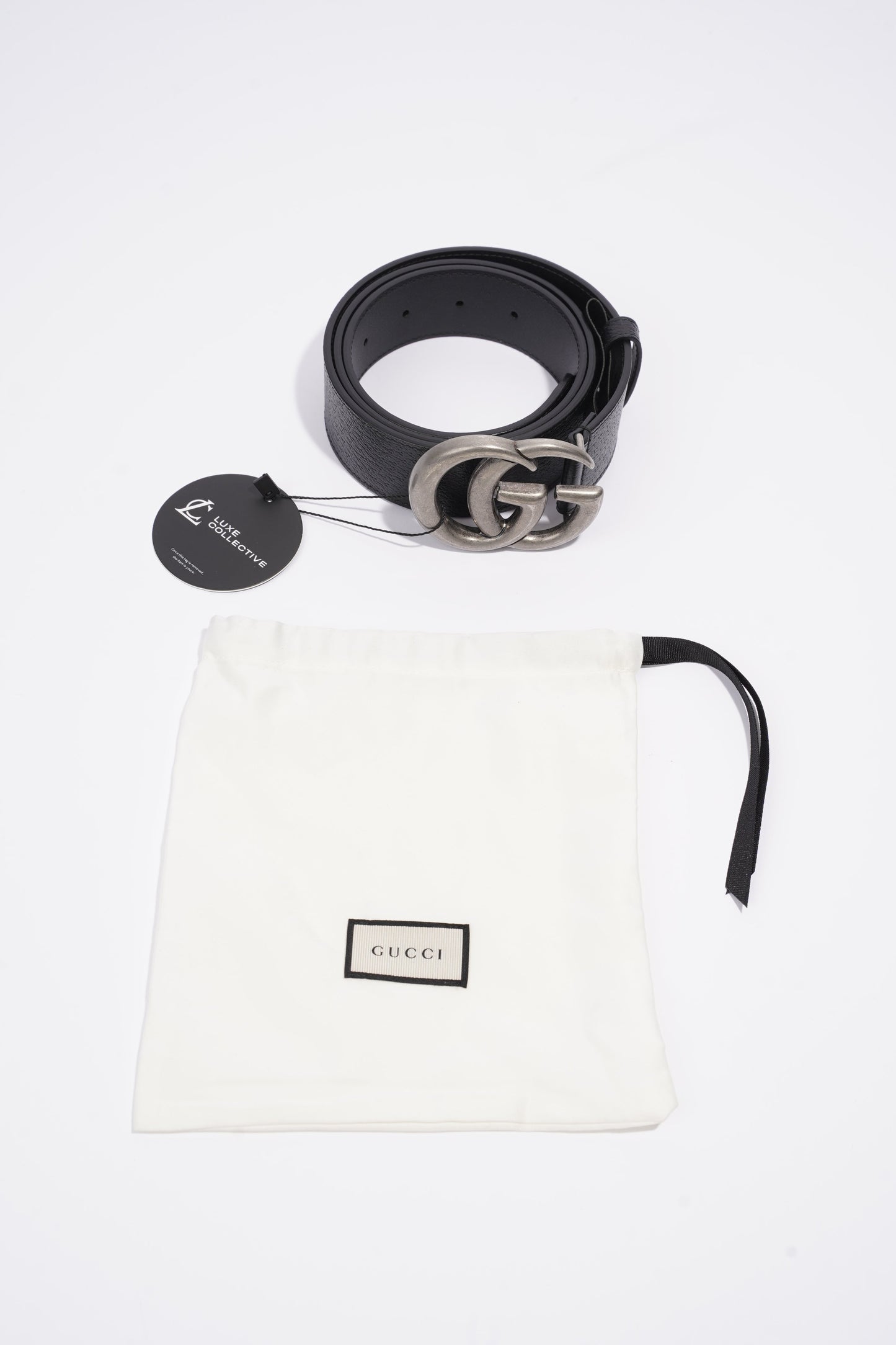 Gucci Double G Silver Buckle Belt Black Grained Leather 90cm 36"