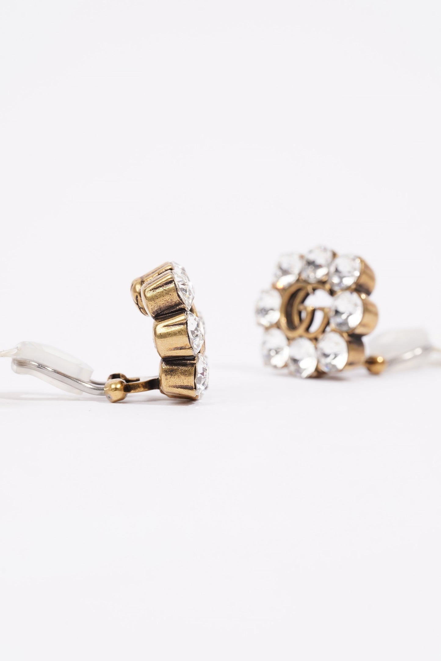 Gucci Crystal Double G Clip On Earrings Gold Crystal