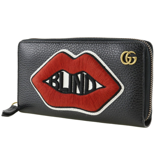 GUCCI Long Wallet Purse 474584 leather black Embroidery Zip Around