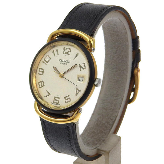HERMES Watches Quartz Stainless Steel, Plated Gold, Leather gold Pullman White dial mens Used