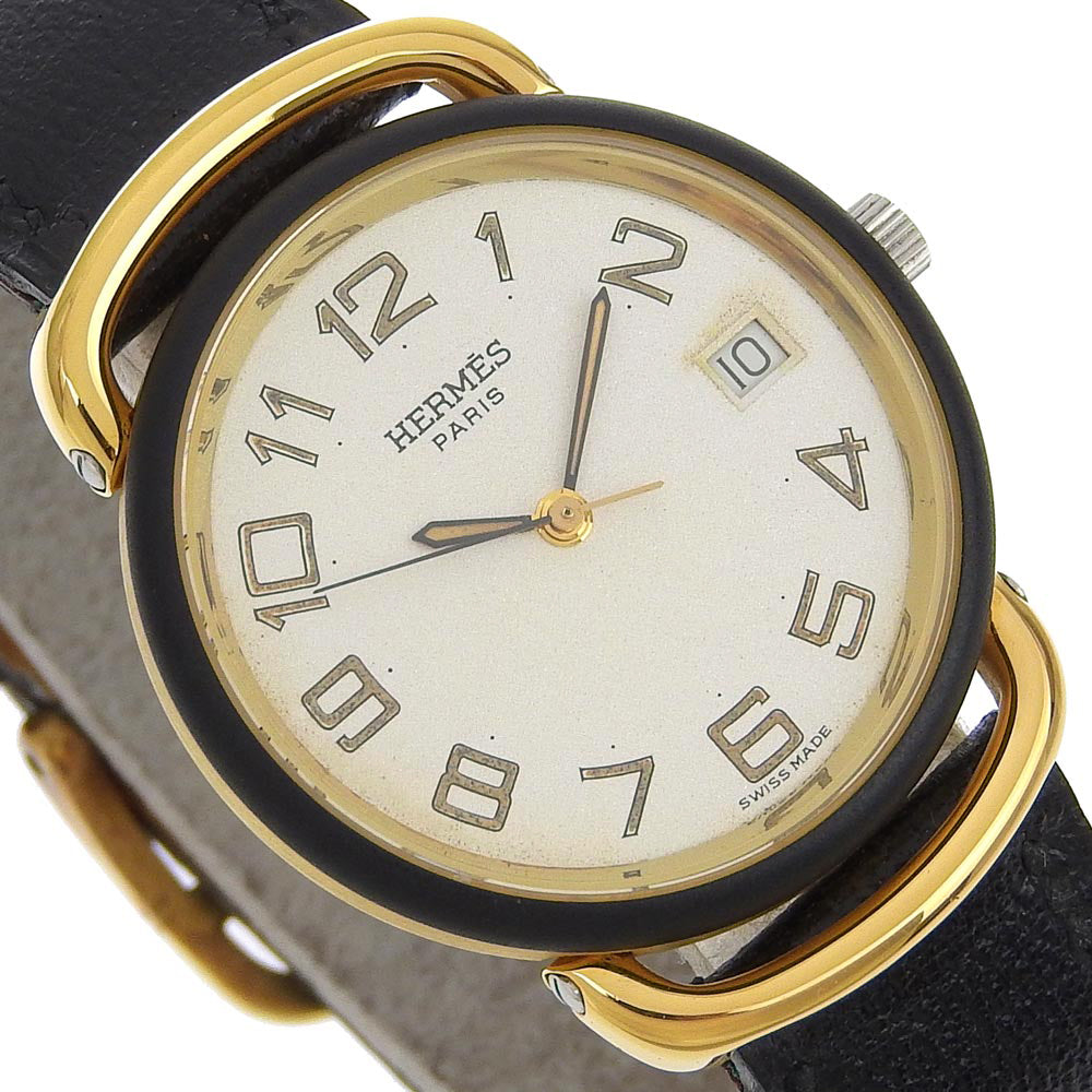HERMES Watches Quartz Stainless Steel, Plated Gold, Leather gold Pullman White dial mens Used