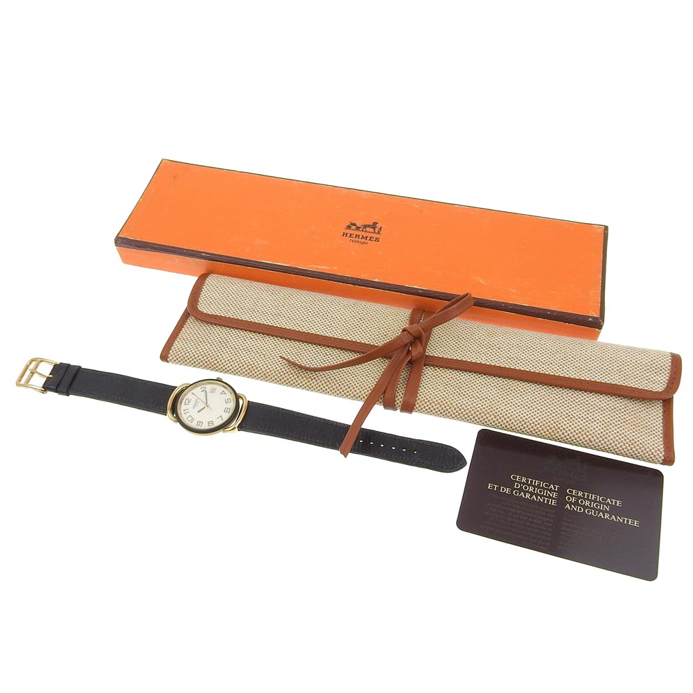 HERMES Watches Quartz Stainless Steel, Plated Gold, Leather gold Pullman White dial mens Used