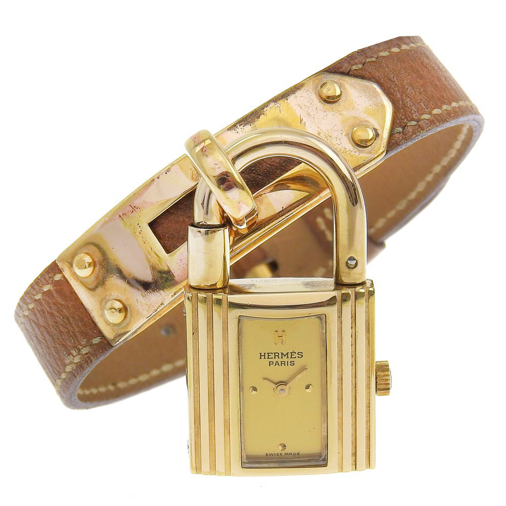 HERMES Watches Quartz Plated Gold , Leather gold vintage Kelly watch gold dial Women Used