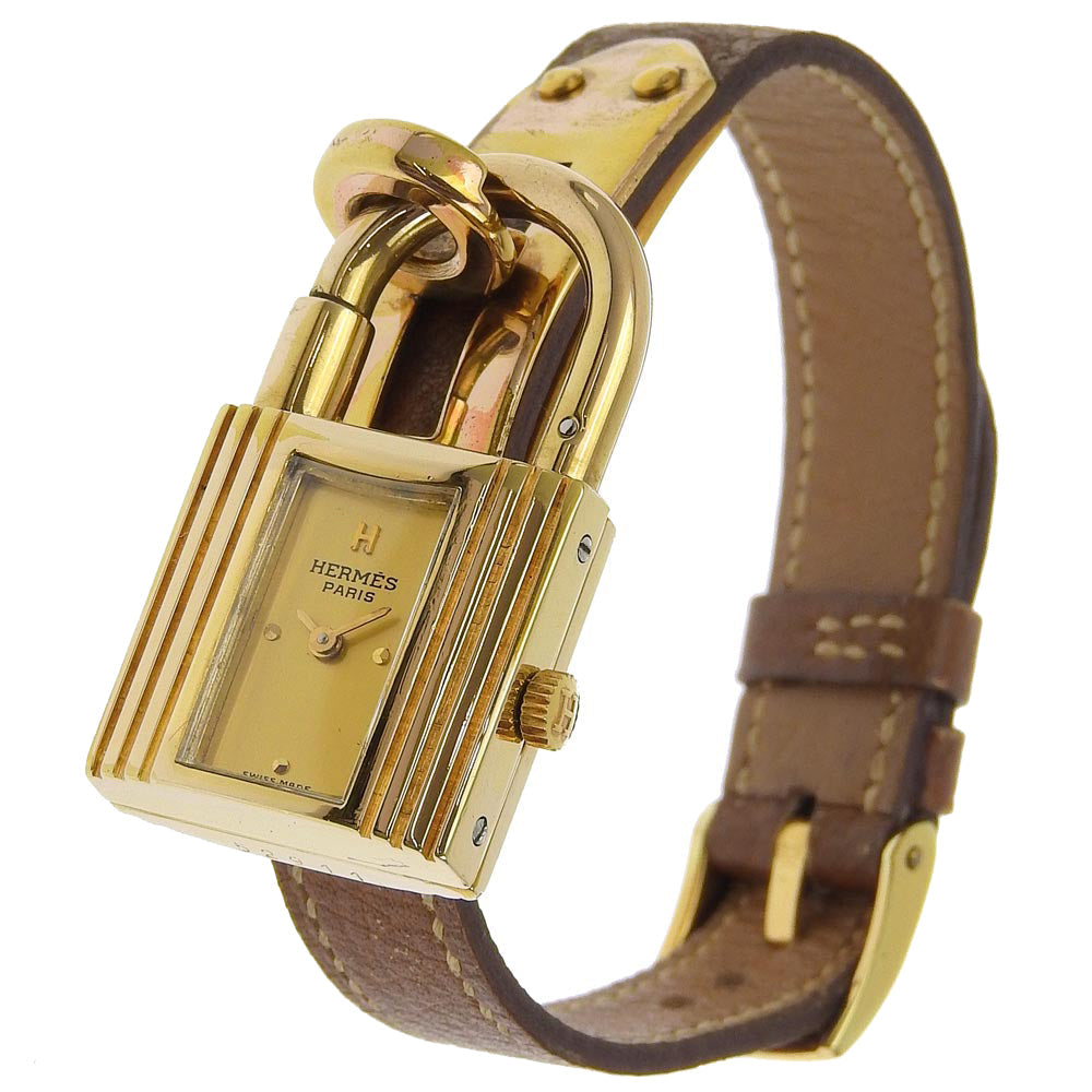 HERMES Watches Quartz Plated Gold , Leather gold vintage Kelly watch gold dial Women Used