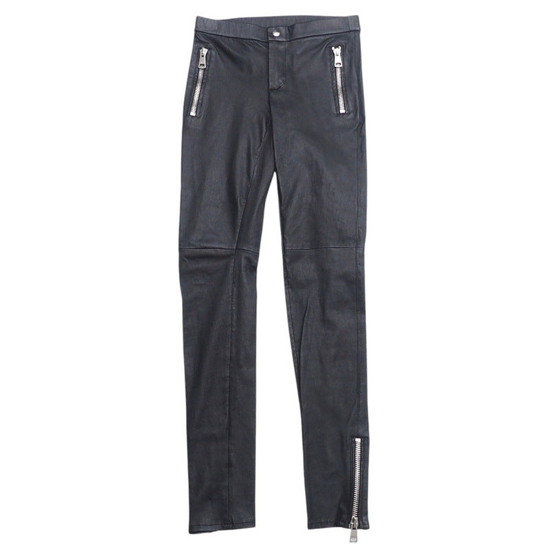 GUCCI skinny pants 360417 leather Black/Metal:Silver 36