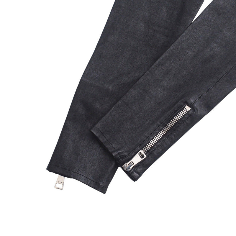 GUCCI skinny pants 360417 leather Black/Metal:Silver 36