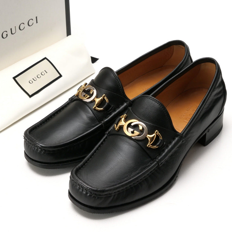 GUCCI loafers 575113 leather Black Gold x Silver 7.5