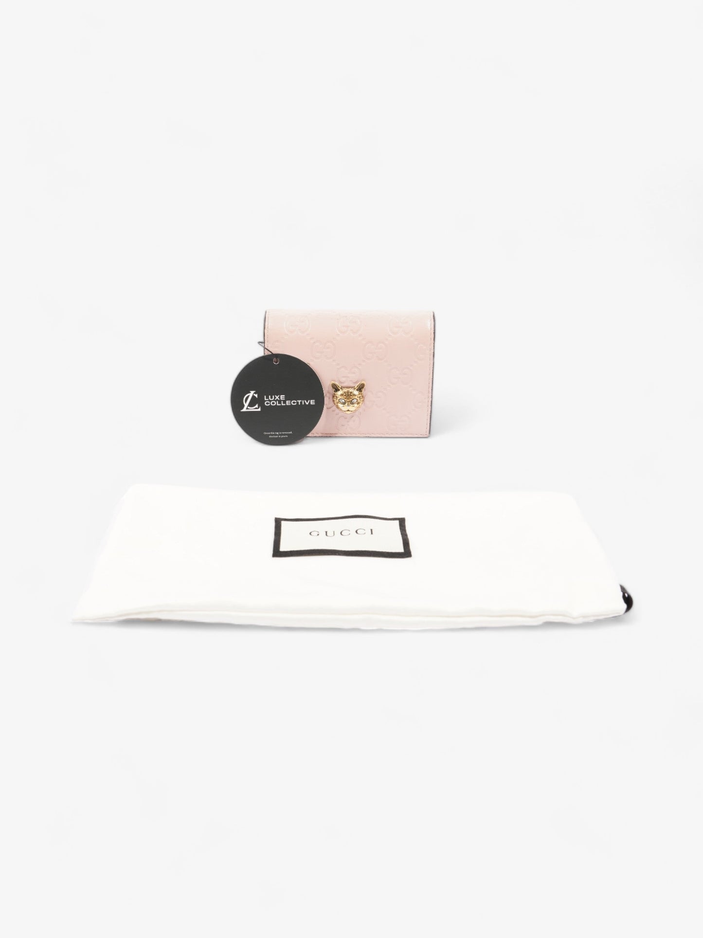 Gucci Signature Crystal Cat Wallet Card Holder Candy Pink Leather