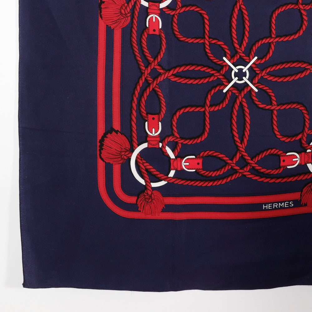 HERMES scarf silk Navy blue / red Rope Pattern Carre Women Used