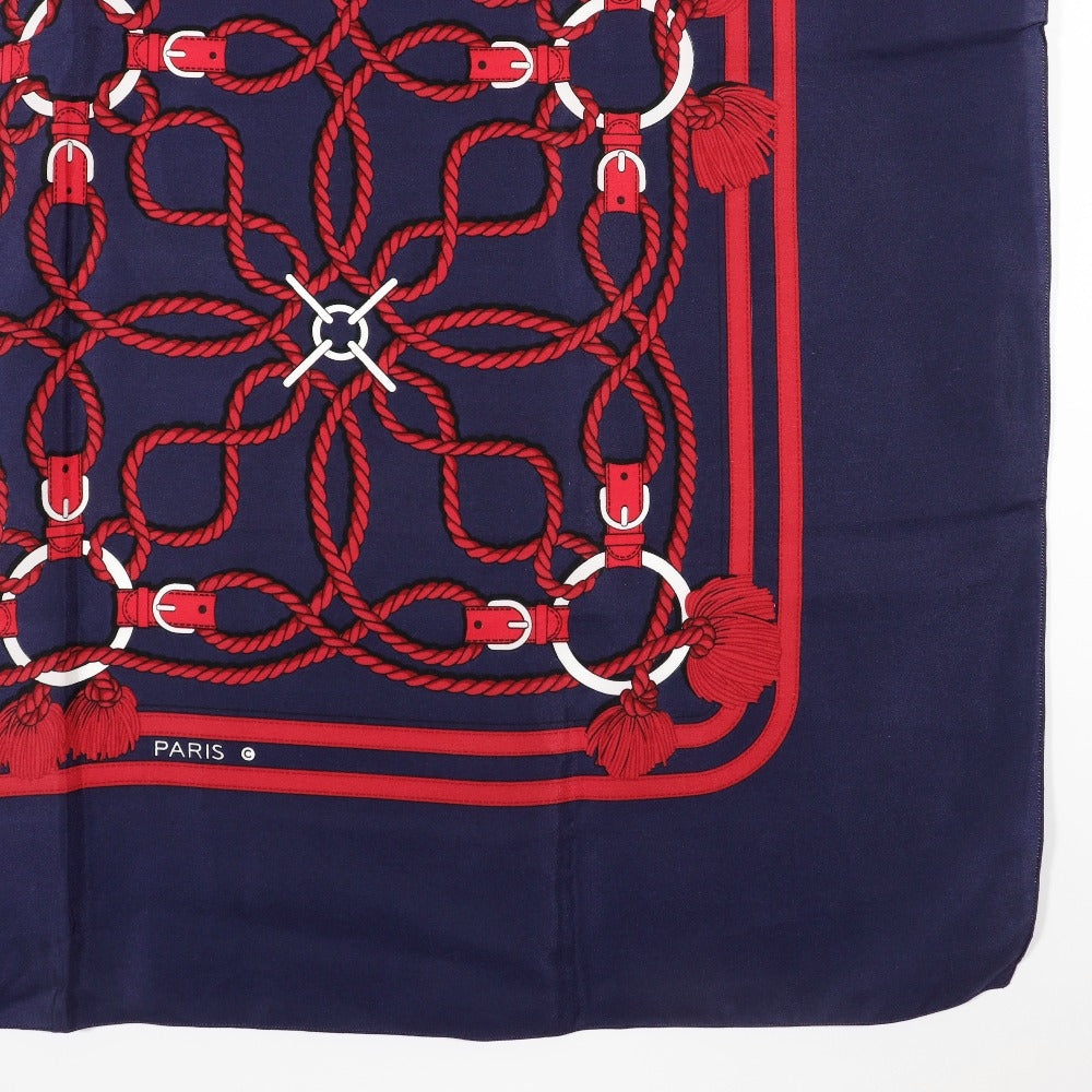 HERMES scarf silk Navy blue / red Rope Pattern Carre Women Used